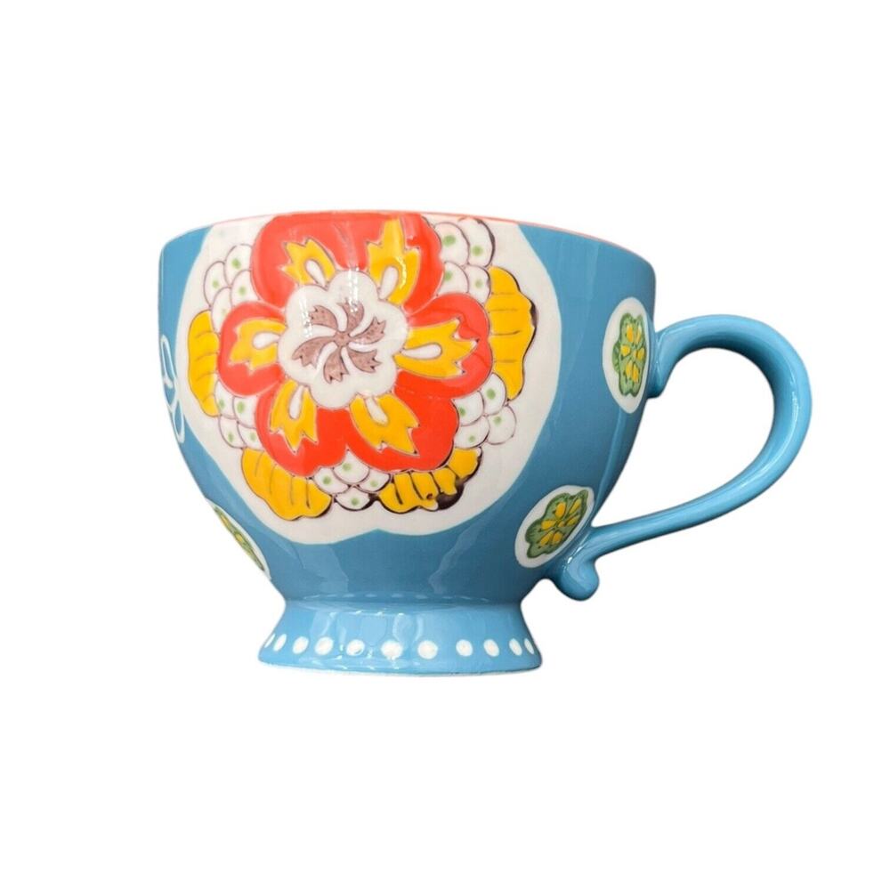 Anthropologie Dutch Wax Hand Painted Tea/Coffee Cup Blue Yellow Floral Large EUC